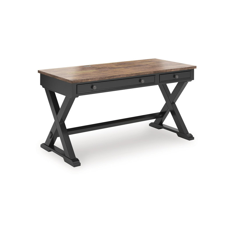 Bureau Fleur, plateau brun 60 po, 2 tiroirs, base en métal noir X