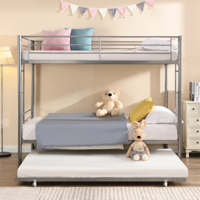 Silver Metal Bunk Bed With Trundle - Space Efficient Bedding Option Modern