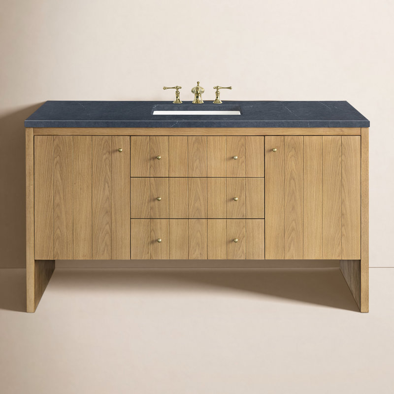 Hudson 60'' Single Bathroom Vanity with Top, Charcoal Soapstone, 8" Widespread, Light Natural Oak