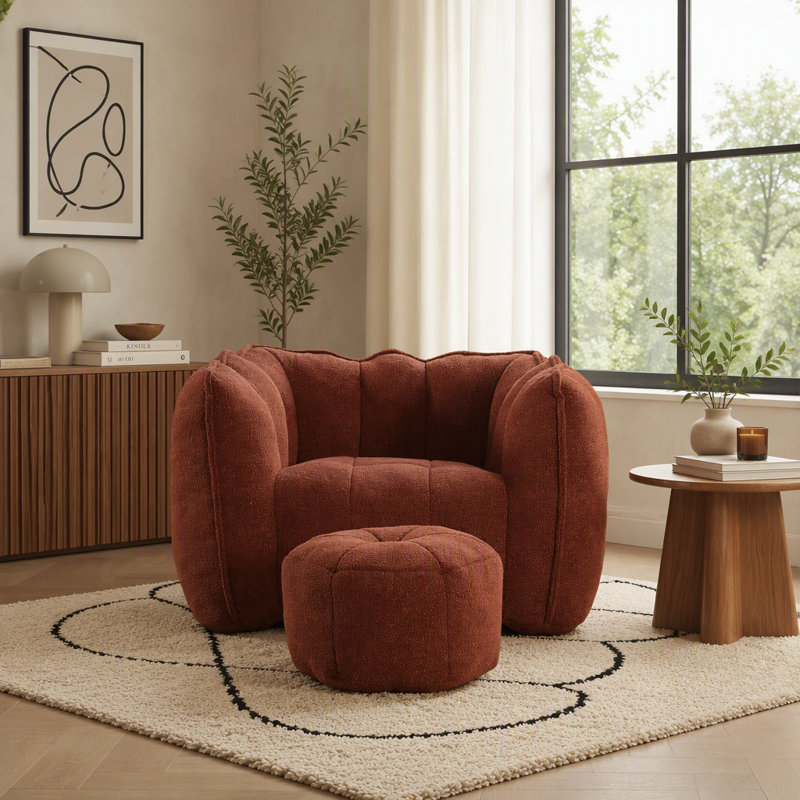 Fauteuil à billes Soft avec repose-pieds, Brun-rouge
