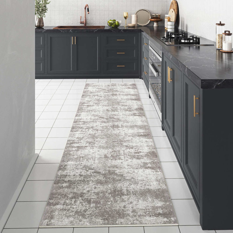 Tapis abstrait lavable à la machine avec envers antidérapant Elroy, 0.28", Gray, Rectangle 5 pi x 7 pi