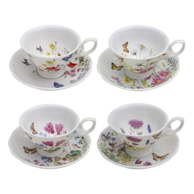 Bone China Assorted Wild Meadow Teacups Saucer Set, Set of 4