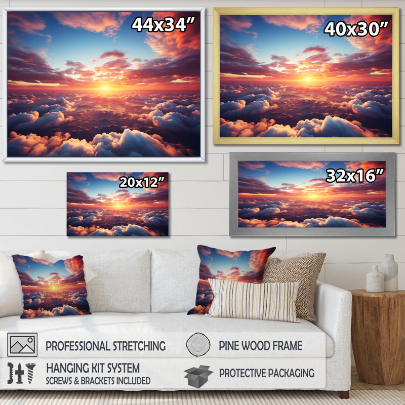 Jaune et rose coucher de soleil dans le ciel II - art mural ciel, Cadre flottant brun, H 16 po x l 32 po x P 1 po