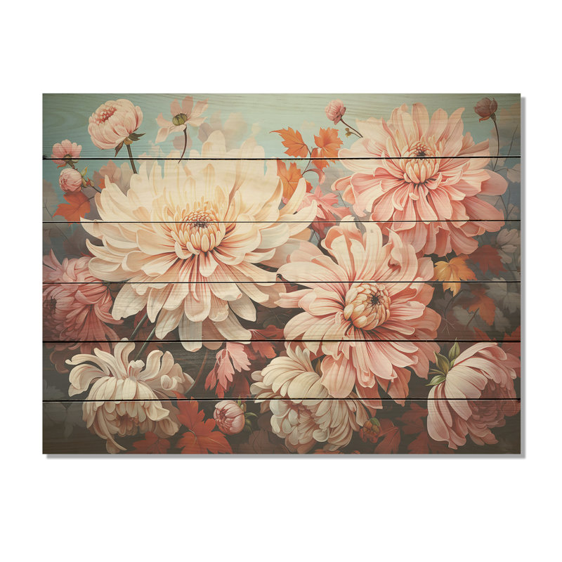 Chrysanthèmes rose et blanc - collage, art mural en bois de chênes, H 30 po x l 40 po
