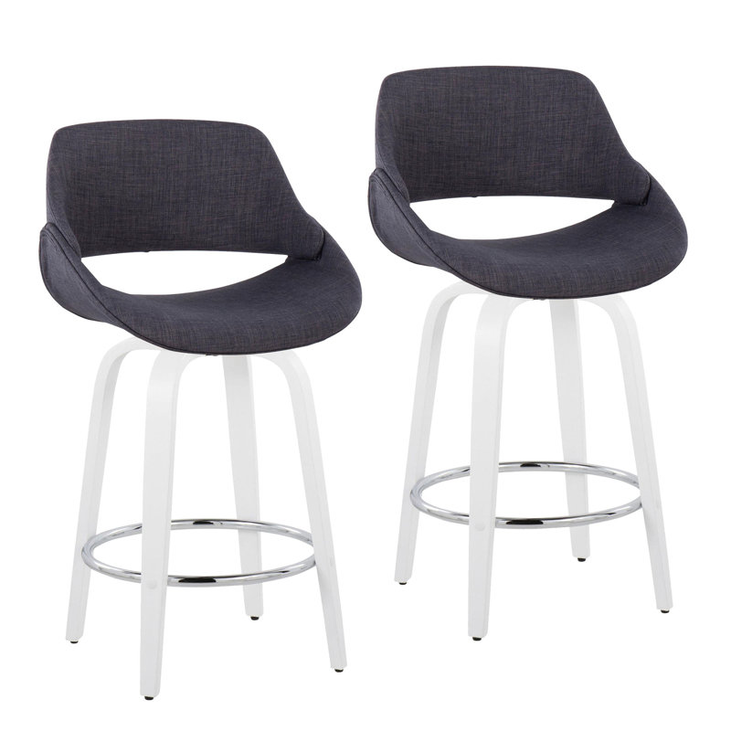 Tabouret de comptoir à hauteur fixe avec pivot en bois blanc et tissu gris anthracite avec repose-pieds rond chromé - ensemble de 2