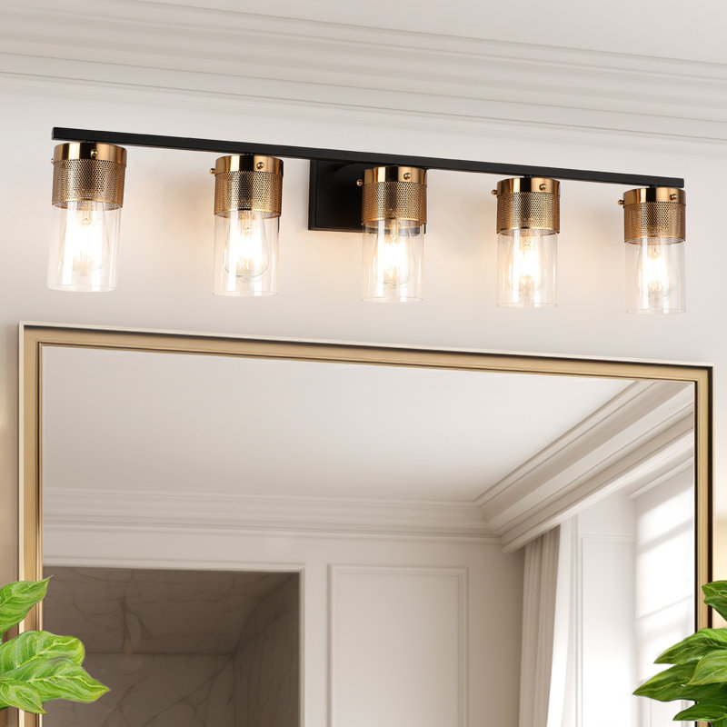 Black and Antique Brass Modern Vanity Light with Clear Glass Shade for Bathroom, 4 Lights