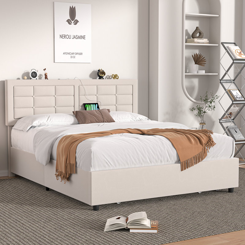 Kempst Upholstered Queen Size Bed Frame with Adjustable Headboard, Queen Platform Bedframe with Charging Station, Mattress Foundation with Wooden Slats Support, No Box Spring Needed