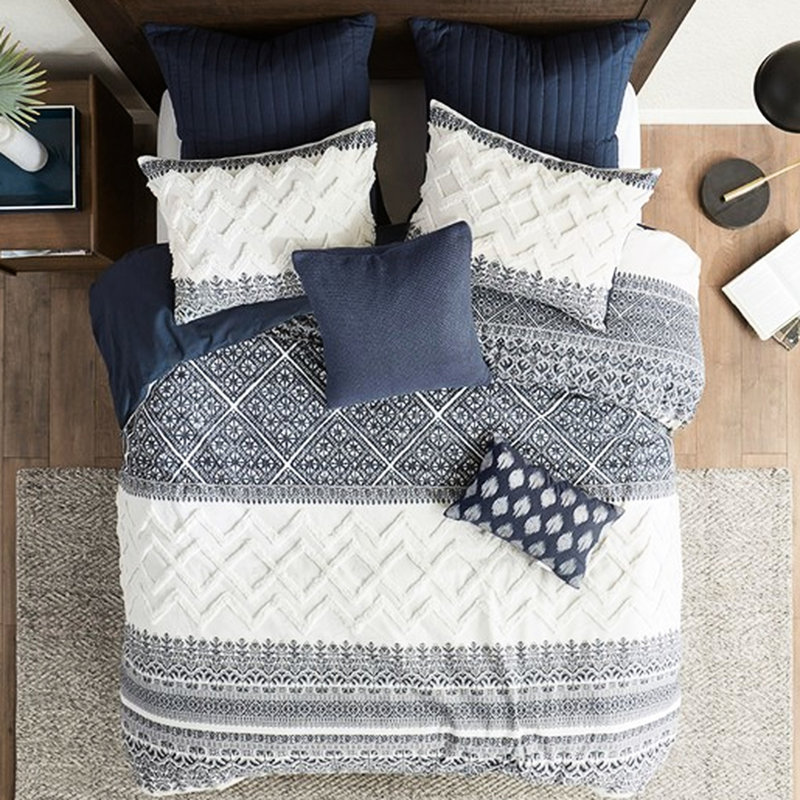 Ensemble de housse de couette en coton 3 pièces pour très grand / très grand lit, capitonnage en chenille, revers bleu marine uni, literie à attaches de coin avec motif, fermeture à boutons