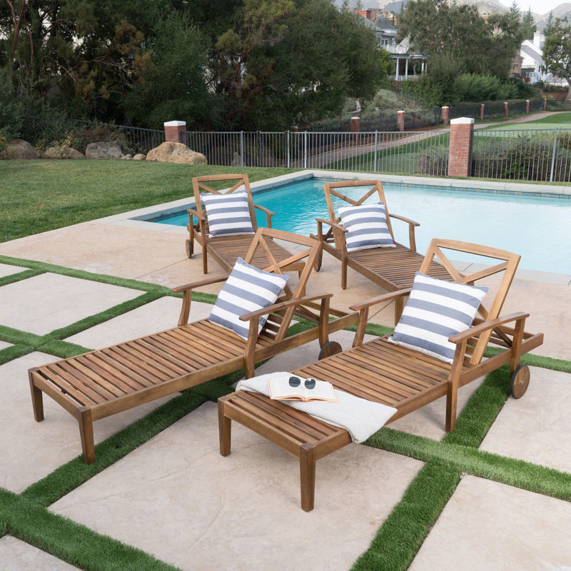 Bevelyn Outdoor Acacia Wood Chaise Lounge Set