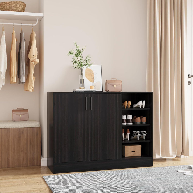 Hokku Designs Shoe Cabinet, 4-Tier Shoe Rack With Doors And Open Storage Shelf, Obsidian Wood