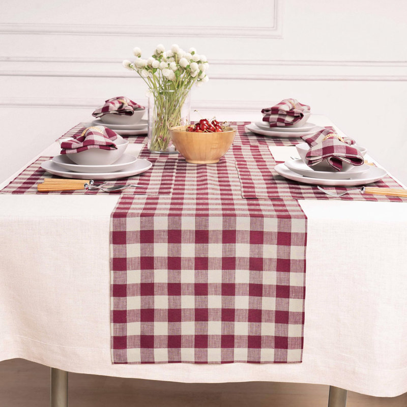 Buffalo Check - 100% Pure Linen Table Runner, 120" x 14", Beet/Cream