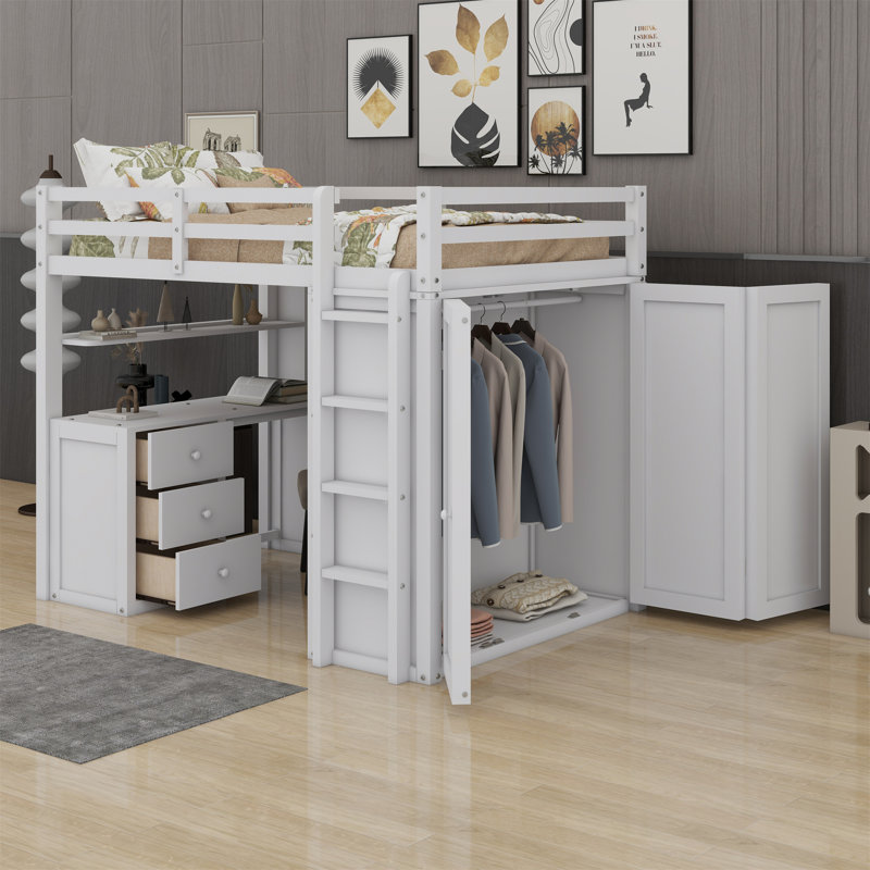 Loft Bed With Drawers,Desk,And Wardrobe, White