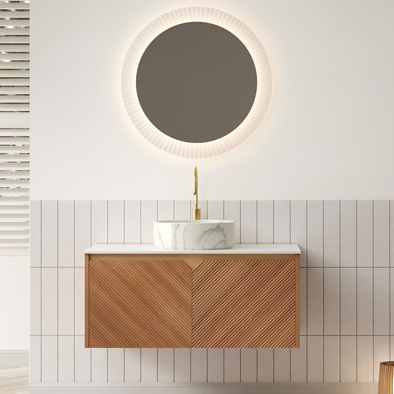 Ensemble de meuble-lavabo mural 36 po avec lavabo vasque à motif en pierre 36 po, plateau en pierre frittée Carrara et portes en bois sergé - chêne Corolla