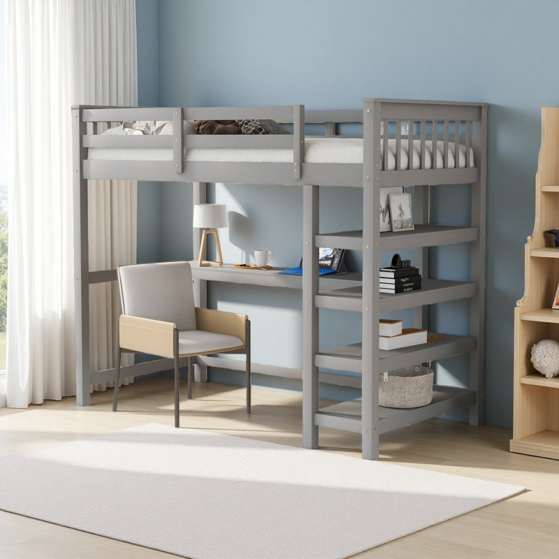 Lit mezzanine avec tablettes de rangement et bureau sous le lit, Lit simple, Gris