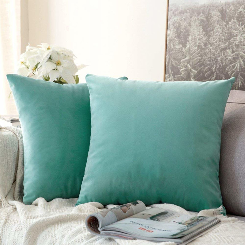 Housse de coussin en velours uni, Bleu-vert, H 18 po x l 18 po