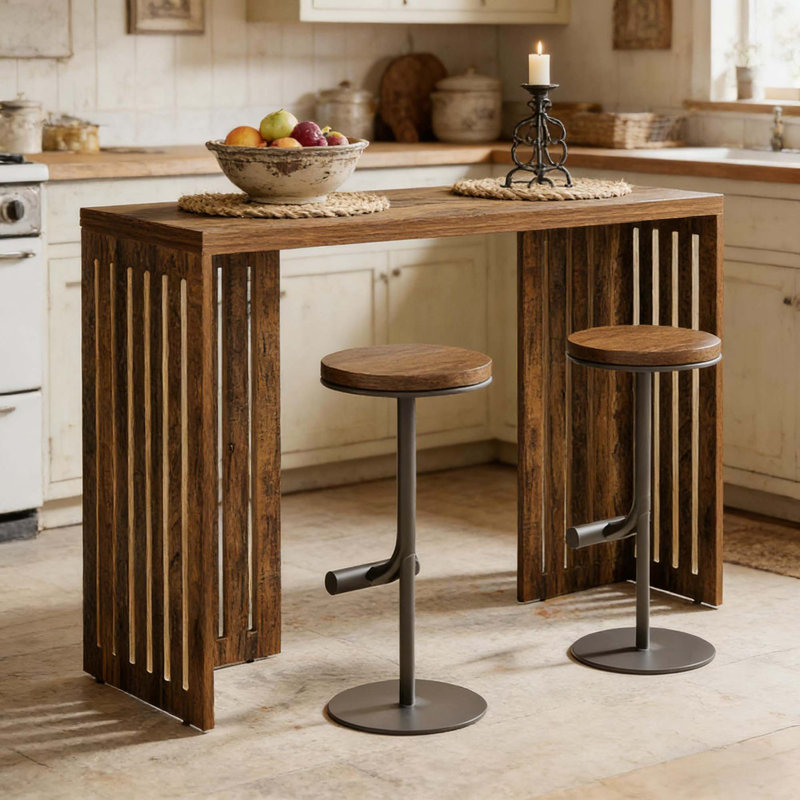 Table de salle à manger rectangulaire rustique avec base à persiennes et finition grain de bois