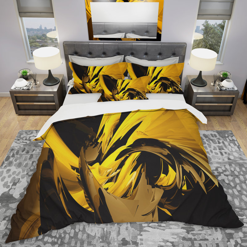 Mélange de gris ‑ ensemble de housse de couette à motif abstrait en microfibre de polyester, Jaune