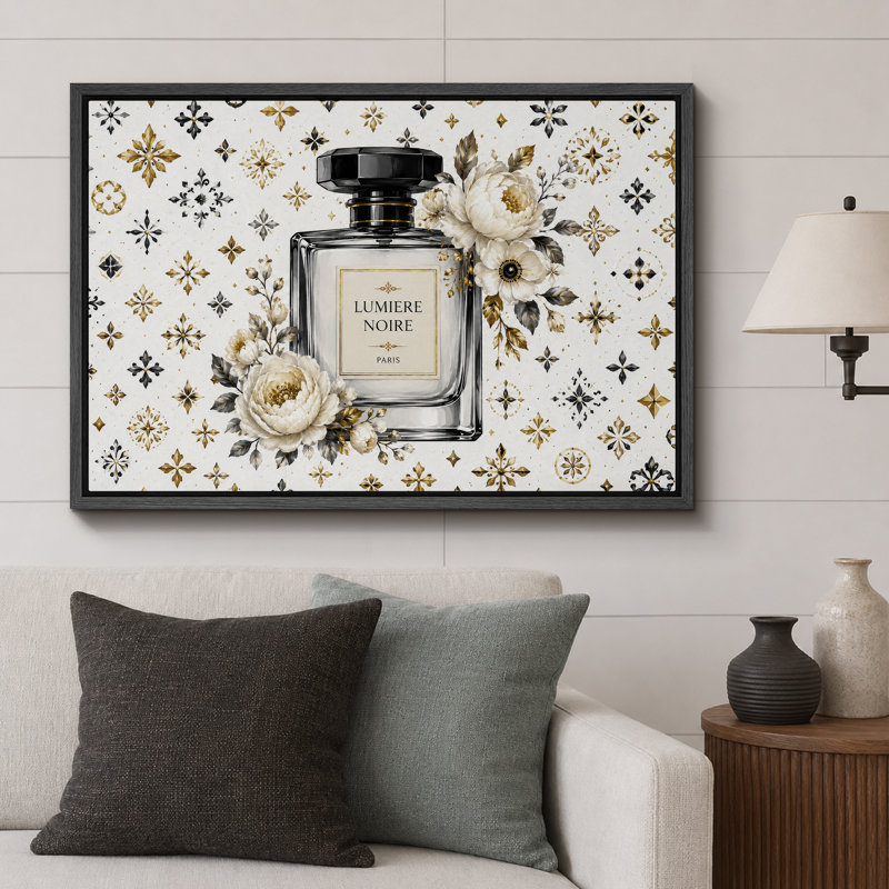 Œuvre florale de parfum noir doré, images de salle de bain glamour, impression sur toile encadrée, Cadre noir
