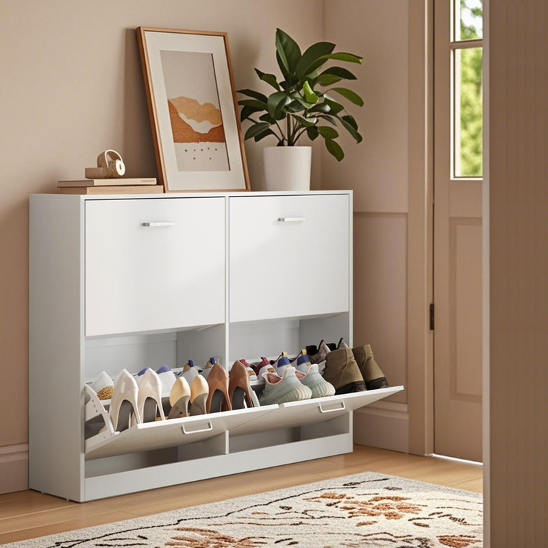 24 Pairs Shoe Cabinet with 4 Flip Drawers, Adjustable and Removable Dividers, White