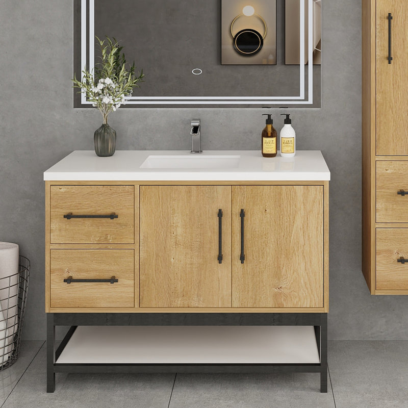 Victoria 42'' Left Drawer Wall-Mounted Vanity with Reinforced Acrylic Sink & Rack, Oak