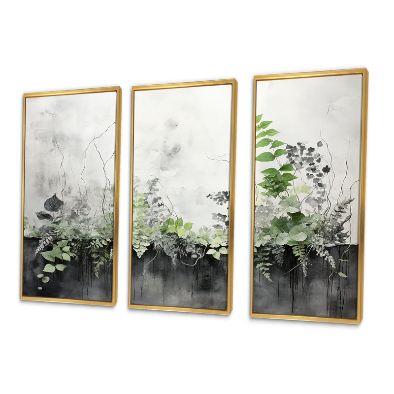 «Green Minimalisme Botanical Serenity - Plants», ensemble d'art sur toile, Cadre flottant doré, H 32 po x l 48 po x P 1 po