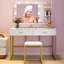 Bureau de coiffeuse avec miroir et lumières, ensemble de coiffeuse à maquillage avec 2 tiroirs et 3 tablettes ouvertes, coiffeuse avec tabouret, luminosité réglable, pour chambre à coucher, vestiaire-1068131661