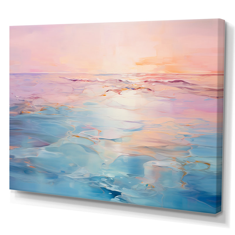 Rose et bleu pastel coucher de soleil - vagues côtières, art mural, H 24 po x l 32 po x P 1 po, Toile tendue