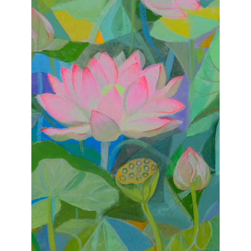 Acrylique magnifique étang de lotus, peinture sur toile par Sumita Maity - art mural spirituel serein, décor zen aquatique tranquille
