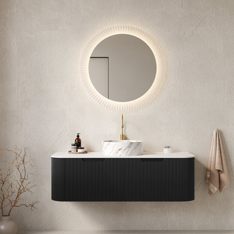 Meuble-lavabo 48 po avec lavabo, meuble-lavabo mural à bords courbés et rayés avec 2 tiroirs, lavabo rond en céramique blanc avec motif de pierre, pré-assemblé, couleur noire