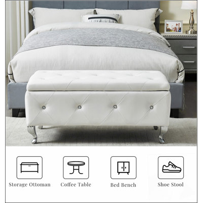 Upholstered Storage Ottoman Bench For Bedroom End Of Bed Faux Leather Rectangular Storage