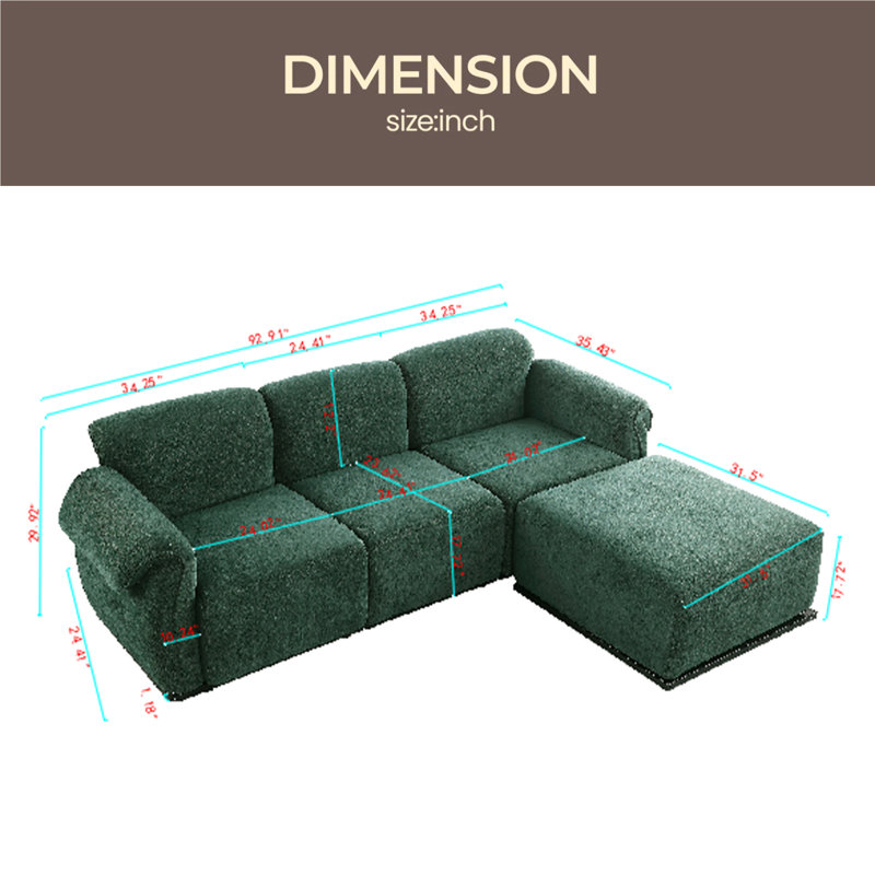 93" Length , Fashionable Modular Sofa, Iron Frame, Chenille Sofa, Suitable For Living Room, Green Chenille 