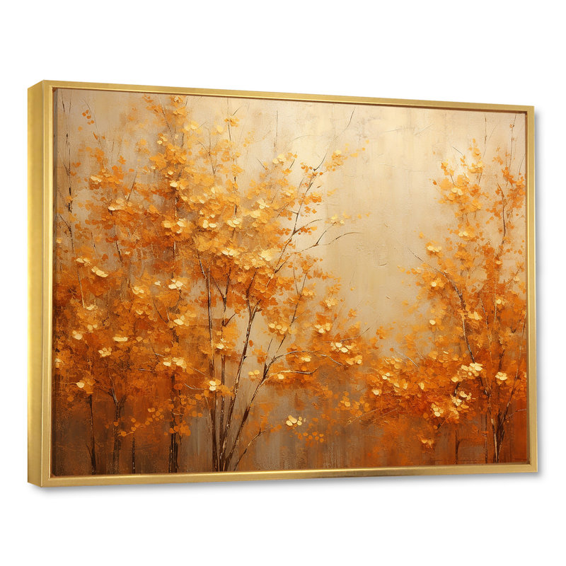 «Golden Autumn Forest Harmony I», art mural forêt pour le salon, H 16 po x l 32 po x P 1 po, Cadre flottant doré