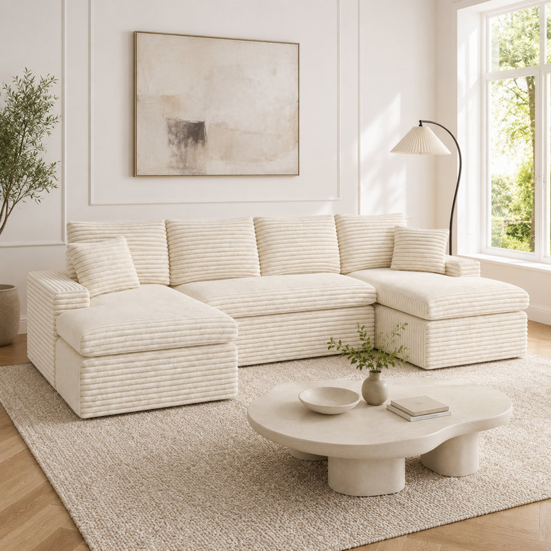 Canapé modulaire en velours côtelé de 134 po de large avec méridienne double et sièges profonds