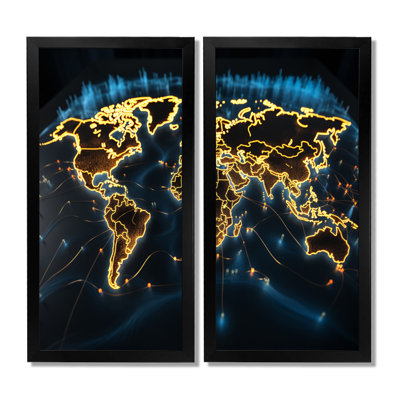 Golden Radiant Map of the World - World Map Wall Art Decor, carte jaune, impression sur toile 2 panneaux