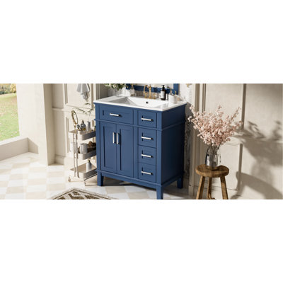 30" Bathroom Vanity With Ceramic Sink, Ample Under-Sink Space, Soft-Close Doors, Elegant Silver Handles, Built For Small Areas 30-Inch Vanity, Smart Storage Layout, Solid Wood Frame, Quiet Hinges,