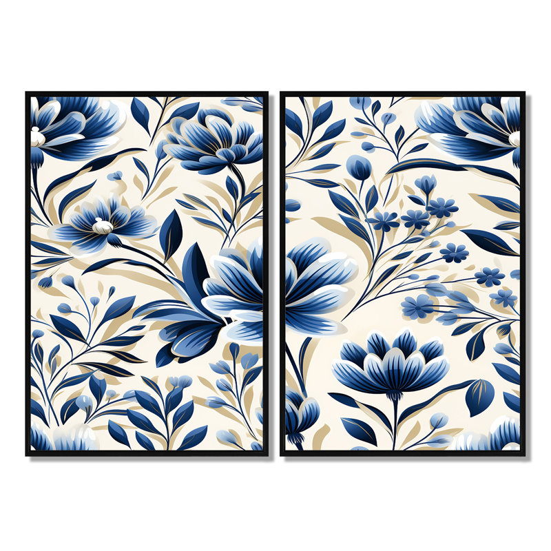 Grandes fleurs bleues et blanches damassées, H 36 po x l 48 po, Impression encadrée flottante, Noir
