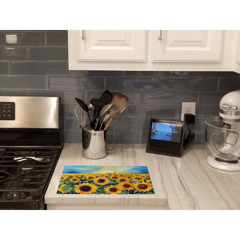 Kansas Sunflowers in Watercolor Glass Cutting Board Large