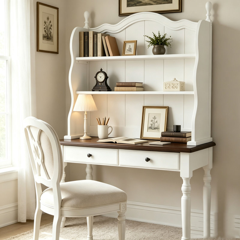 Bureau Mid-Century avec rehausse et tablettes de rangement, Espresso/blanc