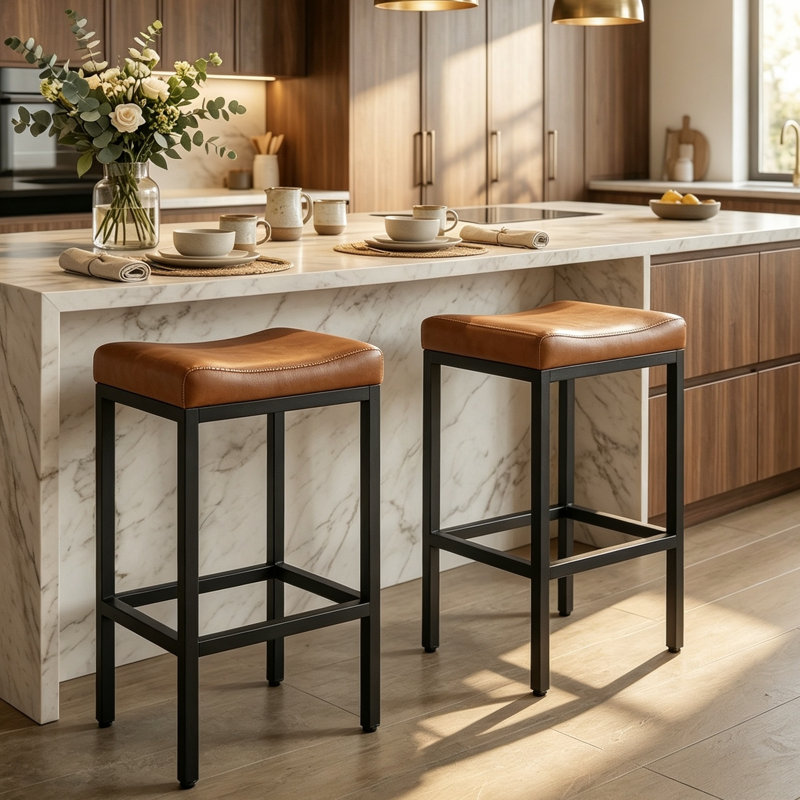 Bar Stools Set Of 2, 29.25" Backless Counter Height Bar Stools With Soft Leather Seat And With Footrest, 400 LB Heavy Duty Padded Saddle Barstool Chair For Modern Kitchen Island Counter