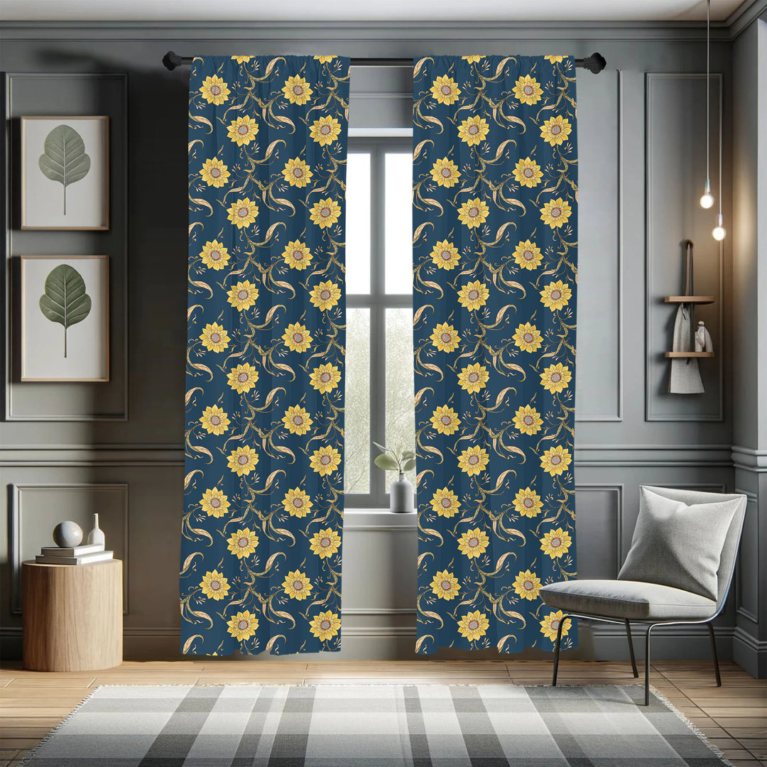 Sunflower Floral Semi-Sheer Rod Pocket Curtain Panels (Set of 2) East Urban Home Size per 
