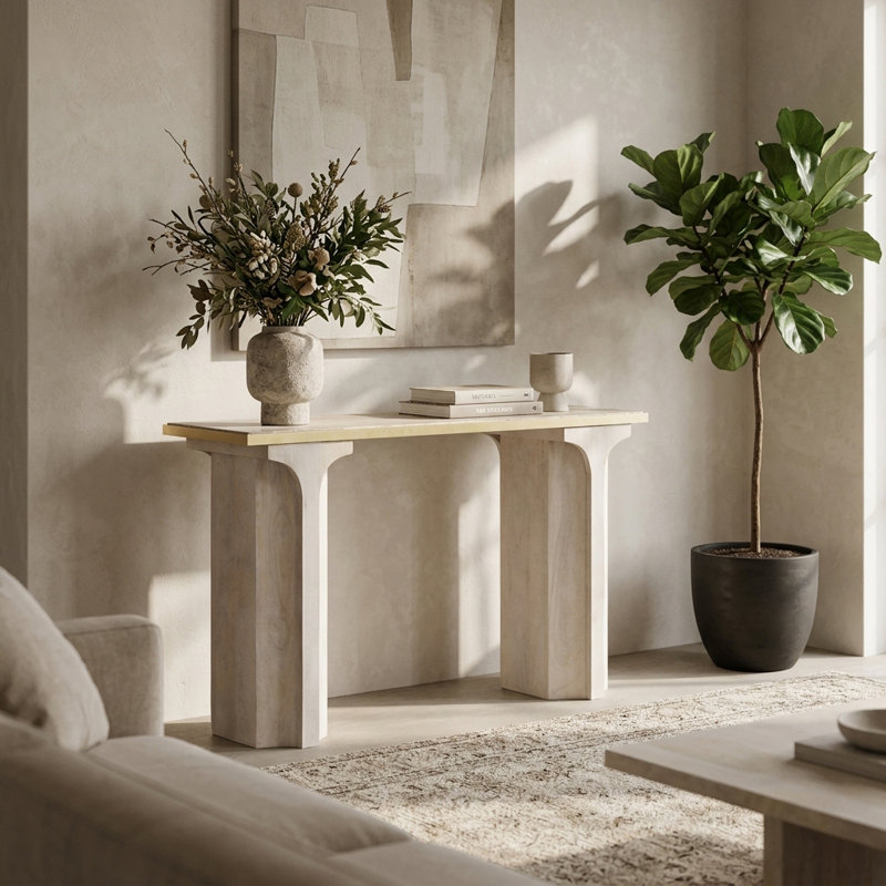Sagebrook Home 47" Sardi Travertine Top Console Table, Neutral Tones - Elegant Consoles And Cabinets