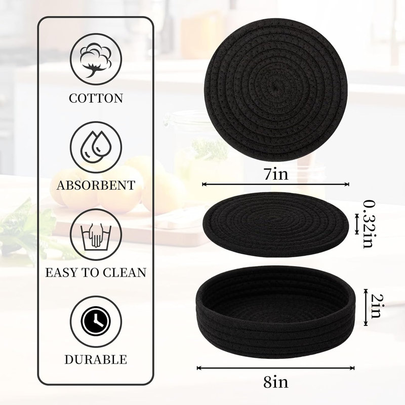 Lot de 5 sous-plats noirs résistants à la chaleur avec panier de rangement