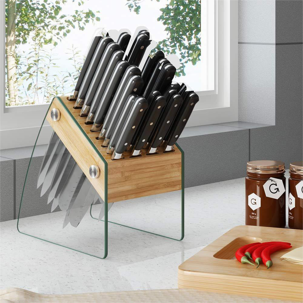 Universal Knife Block, Two-Tiered Slot-Less Kitchen Bamboo Knives