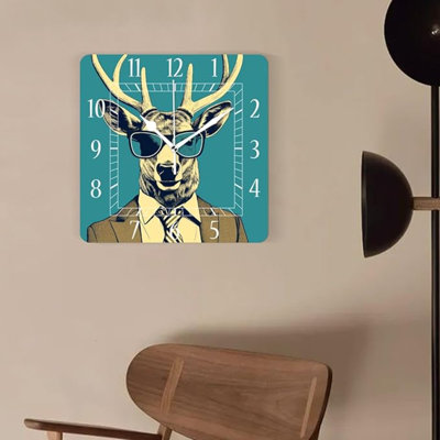 Horloge murale décorative 10 pouces horloges carrées silencieuses pour la maison salon cuisine, hipster cerf animal drôle Creative