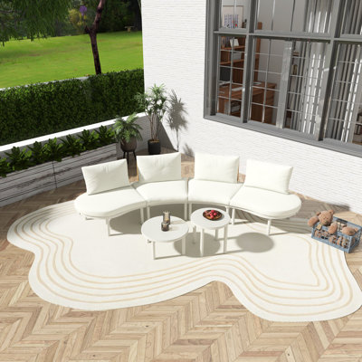 Ensemble de meubles de patio 6 pièces, canapé modulaire d'extérieur demi-lune avec 2 tables basses haute et basse, rotin en osier PE, verre trempé, 4 coussins et coussins, pour cour, jardin, bord de piscine, beige