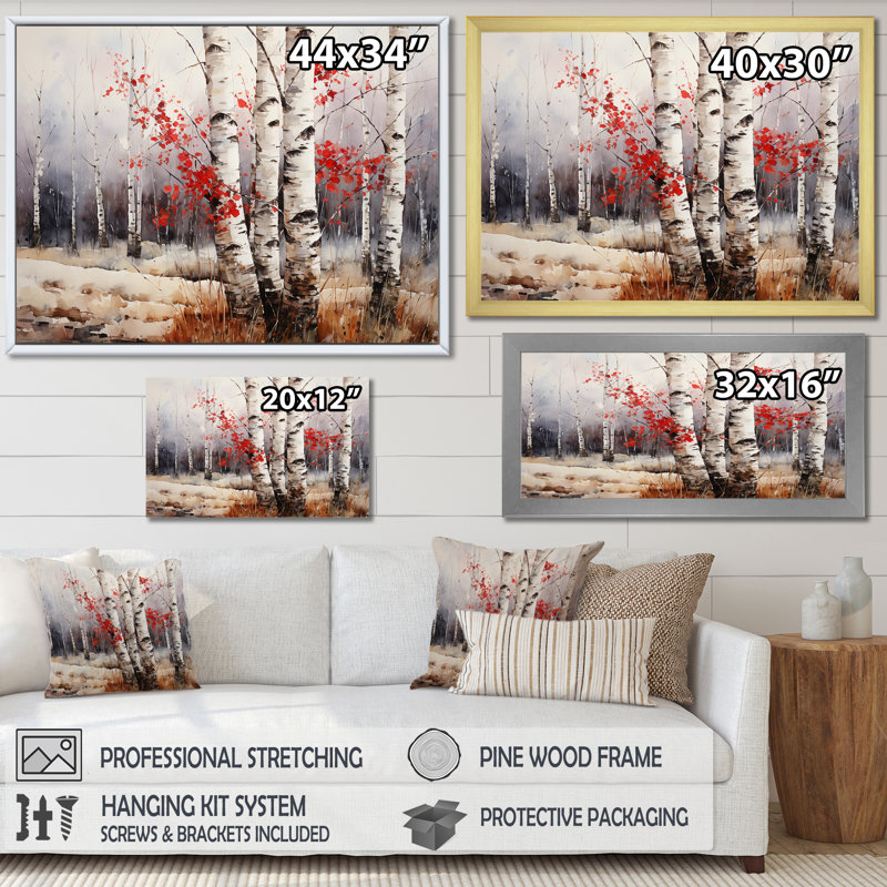 Bois de bouleau blanc et rouge en hiver III - Art mural bouleau, H 30 po x l 40 po x P 1,5 po, Cadre simple noir