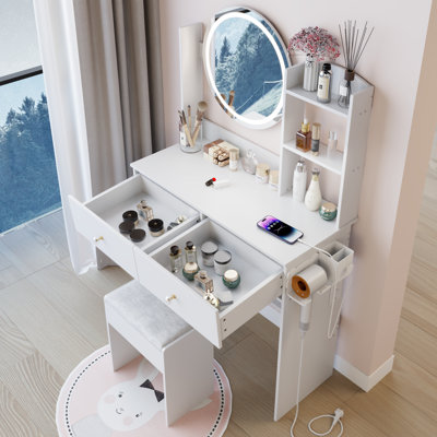 17" Round Led Vanity Table And Cushioned Stool , 3 - Color Adjustable System, Touch Controlled Mirror , Built In 2 Ac + 1 Type C Ports, Large Desktop, Multi Layer Storage, American Design, White