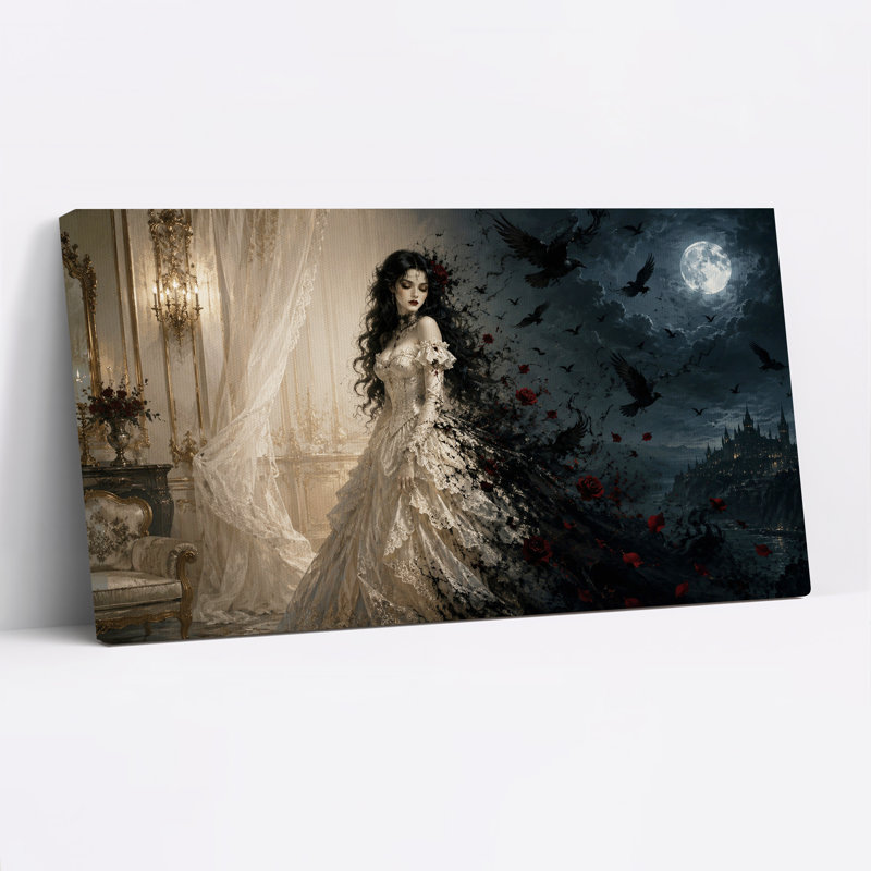 Dame gothique en robe blanche avec des corbeaux et une lune au clair de lune - Toile murale d'Halloween, L 58 po x H 28 po