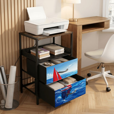 Table de chevet 2 tiroirs avec station de charge, table de chevet avec ports USB et amp; Outlets, tablette ouverte noire, table de chevet avec voilier rouge, bleu vif, vagues de l'océan