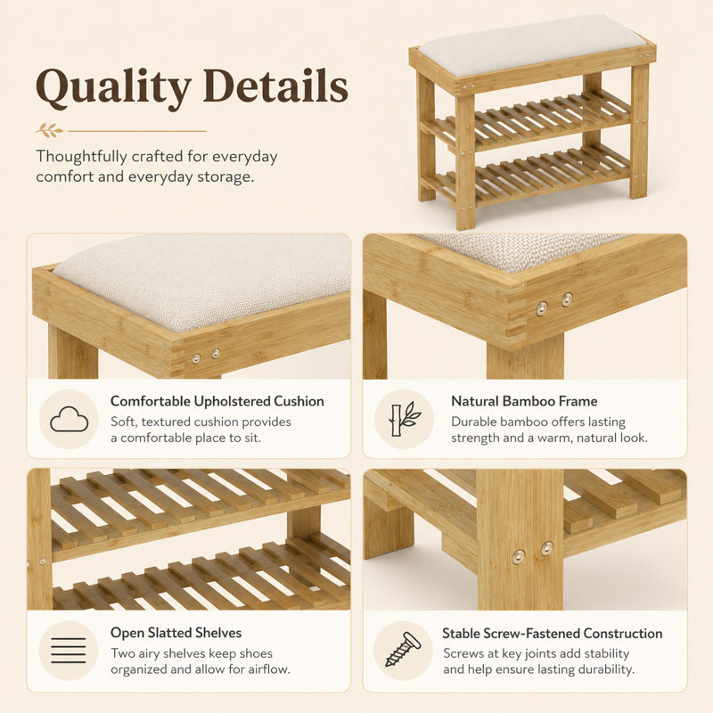 Banc de rangement en bambou pour chaussures avec siège à coussin et support à 3 niveaux pour entrée